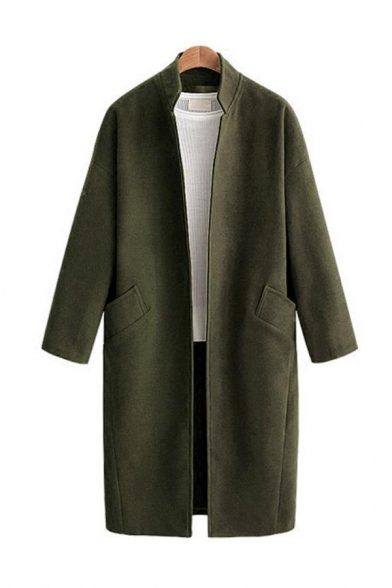 New Trendy Plain Stand Collar Long Sleeves Open Front Longline Wool Coat with Pocket