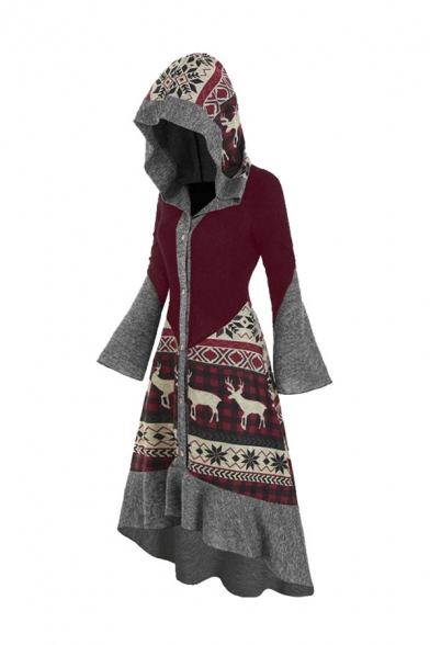 Tribal Style Colorblocked Elk Printed Bell Sleeve Button Down High Low Hooded Ruffle Dress
