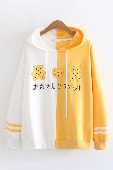 Embroidered Letter Bear Heart Cookie Pattern Striped Long Sleeves Relaxed Fit Color-Block Graphic Hoodie