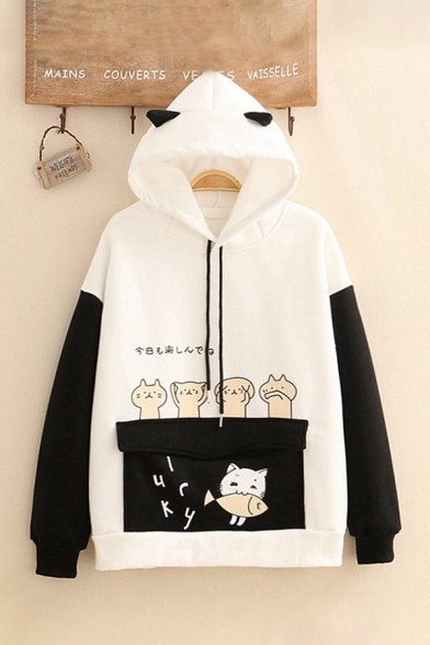 Lovely Cats Eat Fish Japanese Letter Printed Long Sleeves Flap Pocket Colorblock Hoodie