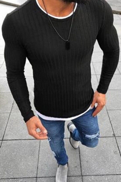 Men's Popular Solid Color Long Sleeves Crew Neck Ribbed Knit Pullover Sweater