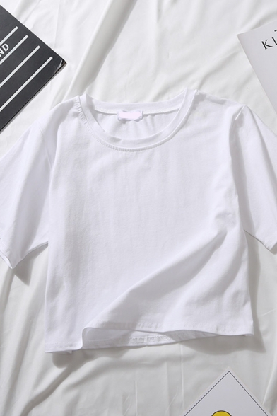 Summer Popular Short Sleeves Round Neck Slim Fit Plain Cropped T-Shirt