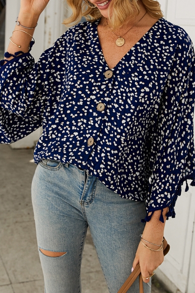 Fancy Bell Sleeves V-Neck Button Down All-Over Floral Print Fringe Trim Plus Size Blouse Top
