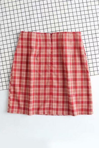 Fashion Red High Waist Plaid Pattern Zipper Back Mini A-Line Skirt for Women