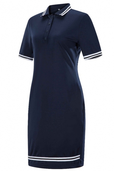 Formal Women's Short Sleeve Lapel Neck Button Front Stripe Trim Midi Sheath Polo Dress