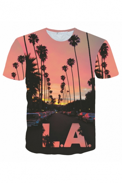 Men's Popular Coconut Trees Letter LA Printed Short Sleeves Round Neck 3D T-Shirt