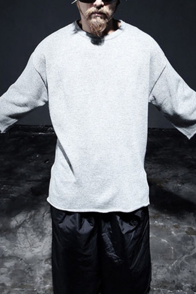 Men's Unique Plain 3/4 Length Sleeves Round Neck Loose Fit Pullover Sweatshirt