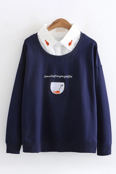 Mori Girls Fashion Embroidery Fish Letter Printed Long Sleeves Patched Collar Oversized Sweatshirt