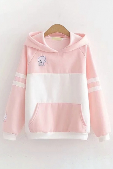 Preppy Style Embroidery Letter SEAL Print Kangaroo Pocket Striped Long Sleeve Colorblock Hoodie