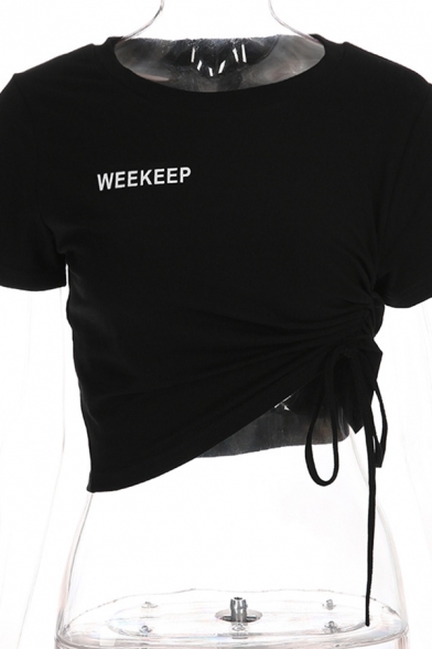 Simple Letter WEEKEEP Printed Short Sleeve Crewneck Black Crop Drawstring T-Shirt