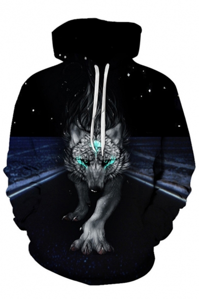 Black Cool Wolf in Road 3D Printed Long Sleeves Loose Fit Drawstring Hoodie