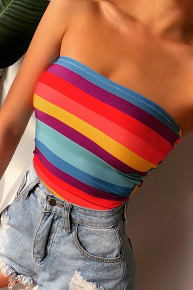 Classic Rainbow Stripe Printed Strapless Fitted Cropped Bandeau Tank Top