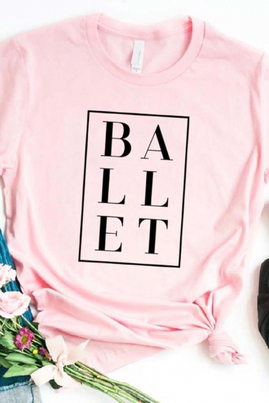 Exclusive Square Letter BALLET Printed Rolled Short Sleeves Pink Casual T-Shirt