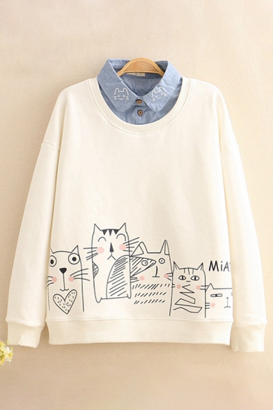Funny Cats Printed Long Sleeves Denim Patched Lapel Collar Thick Loose Sweatshirt