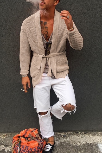 Men's Casual Whole Colored Long Sleeves Tied Waist Plain Loose Knitted Cardigan