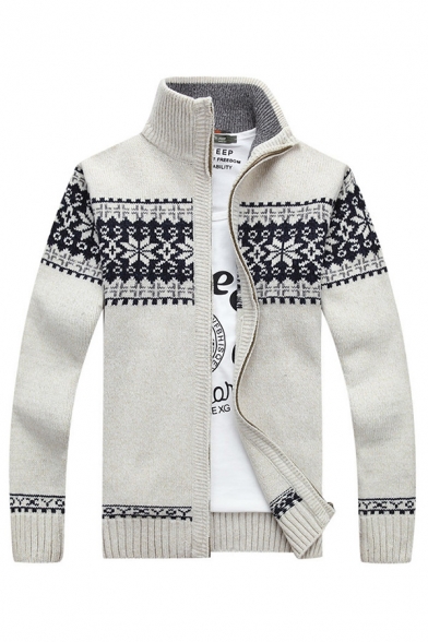 Men's Classic Geometric Snowflake Print Long Sleeves Zip-Up Jacquard Cardigan Knitwear