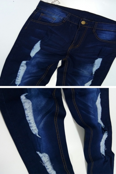 Mens Casual Street Ripped Destroyed Detail Washed-Denim Skinny Fit Jeans
