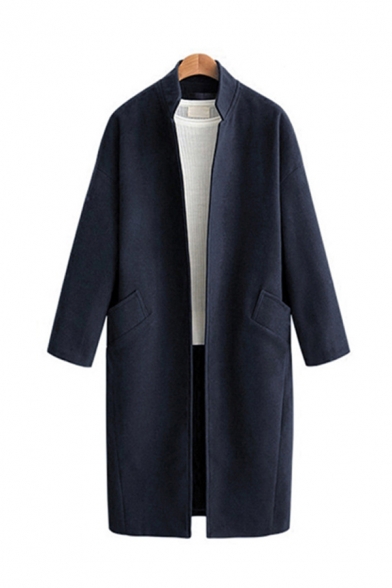 New Trendy Plain Stand Collar Long Sleeves Open Front Longline Wool Coat with Pocket