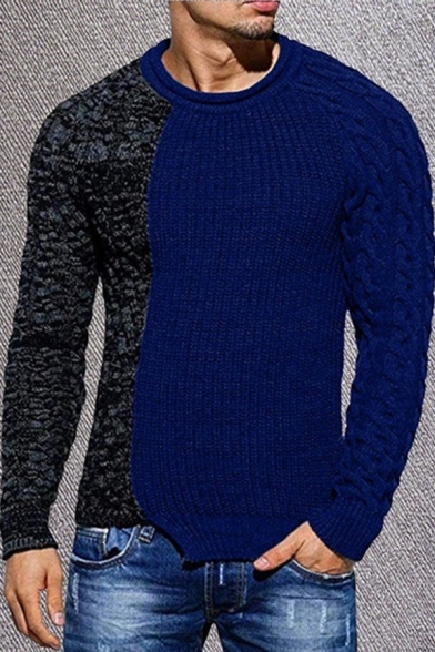 Unique Colorblock Panel Long Sleeves Crew Neck Slim Fit Cable Knit Pullover Sweater