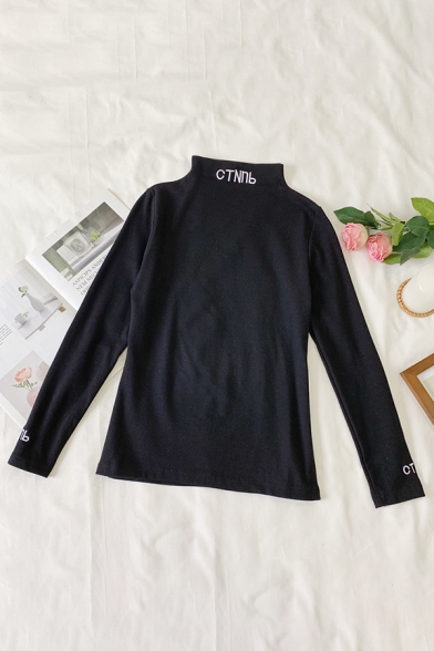 

Unique Embroidery Letter Printed High Collar Long Sleeve Leisure T-Shirt, Black;white;coffee, LM587875