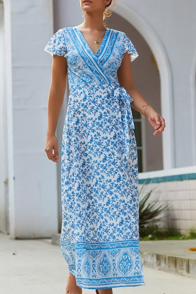 Vintage Ethnic Ladies' Short Sleeve Surplice Neck All Over Floral Pattern Maxi A-Line Wrap Dress