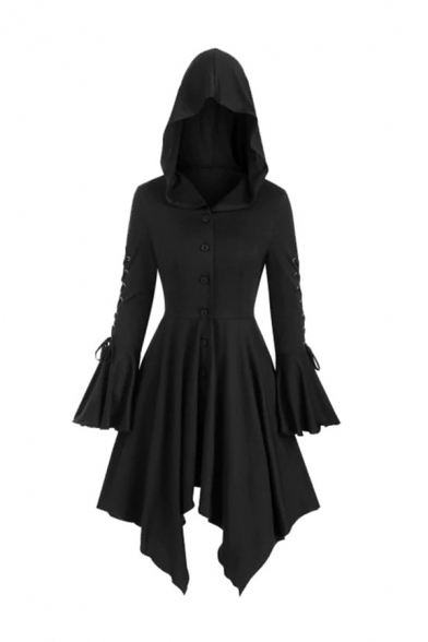 Womens Cool Plain Lace-Up Bell Sleeve Button Down Longline Gothic Irregular Coat with Hood