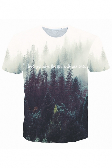 3D Forest Printed Short Sleeve Round Neck Slim Fit White and Green Leisure T-Shirt