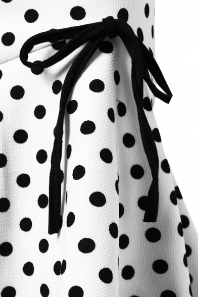 Cute Fashion High Waist Button Front Bow Tie Side Polka Dot Print Ruffle Trim Asymmetric Hem Midi Bodycon Fishtail Skirt for Women