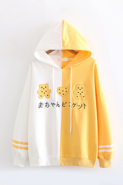 Embroidered Letter Bear Heart Cookie Pattern Striped Long Sleeves Relaxed Fit Color-Block Graphic Hoodie