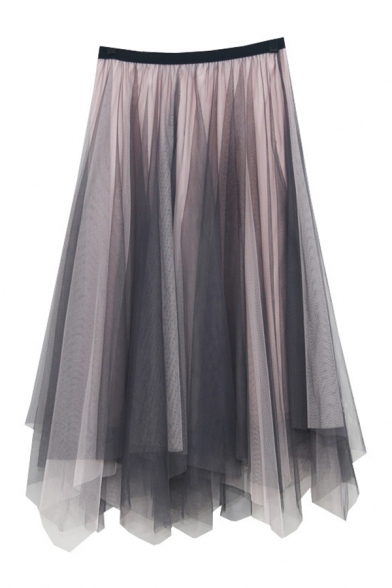 Fancy Ladies' High Rise Mesh Bi-Layered Asymmetric Hem Pleated Long A-Line Skirt