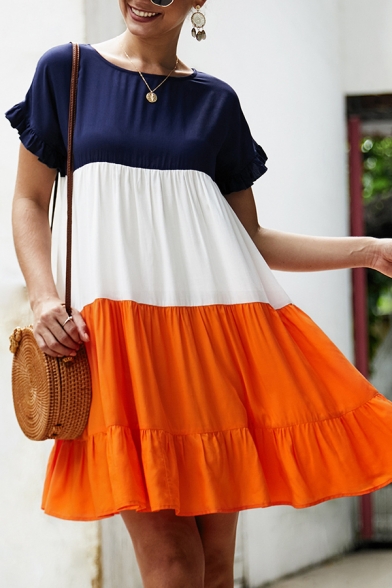 Ladies Daily Round Neck Ruffle Embellished Short Sleeves Colorblock Panel Mini A-Line Swing Dress