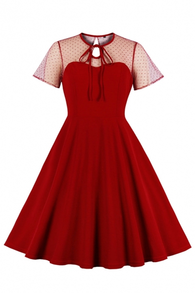 Ladies Vintage Bowtie Neck Polka Dot Print Sheer Mesh Patchwork Short Sleeve Keyhole Back Plain Midi Flared Dress