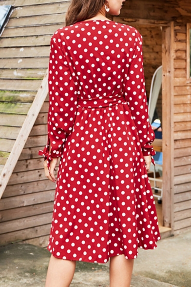 Red Elegant Polka Dot Printed Surplice Neck Bowtie Long Sleeves Tie Waist Midi Wrap Dress