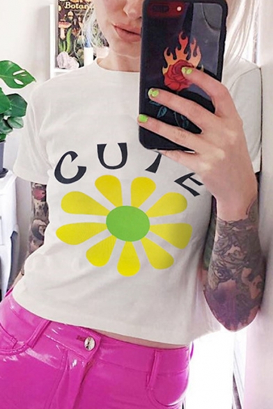 Simple Letter CUTE Cartoon Flower Pattern Short Sleeve Slim Fit White Cropped T-Shirt