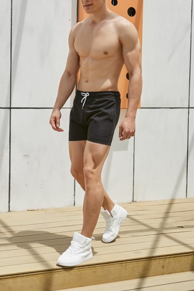 Solid Color Drawstring Waist Slim Fit Quick Drying Swim Shorts for Men