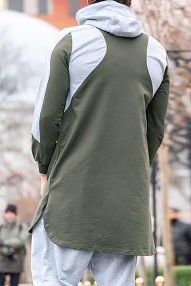 Street Fashion Color Block Long Sleeves Zipper Front Side Split Longline Hoodie for Men