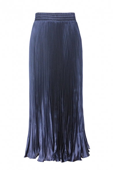 Amazing Formal Ladies' Elastic Waist Plain Maxi Pleated Skirt
