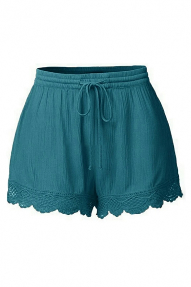 Casual Plain Drawstring Waist Lace Trim Wide Leg Shorts for Girls