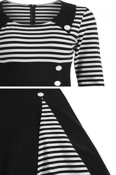 Cute Fancy Girls' Three-Quarter Sleeve Lapel Neck Button Front Stripe Patched Long Swing Dress
