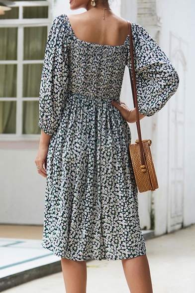 Ethnic Pretty Ladies' Blouson Sleeve Round Neck Button Front All Over Floral Printed Maxi Pleated Flowy Dress