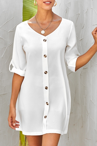 Formal Women's Plain Roll Up Sleeve V-Neck Button Down Short A-Line Dress