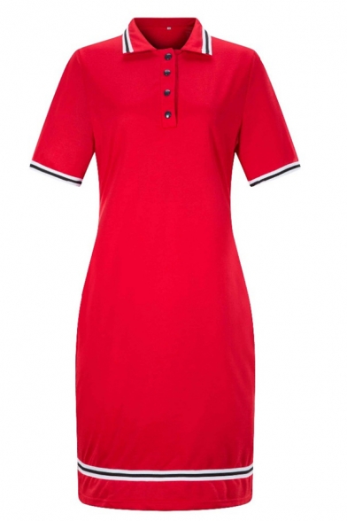 Formal Women's Short Sleeve Lapel Neck Button Front Stripe Trim Midi Sheath Polo Dress