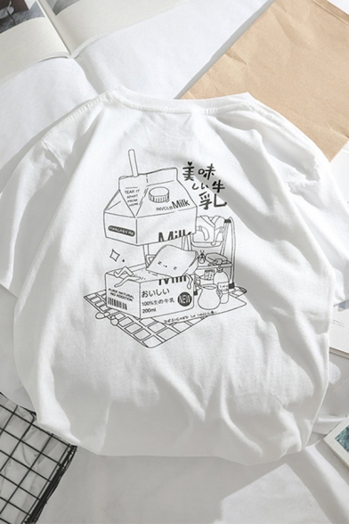 Funny Cartoon Milk Food Pattern Short Sleeves Round Neck Oversized T-Shirt
