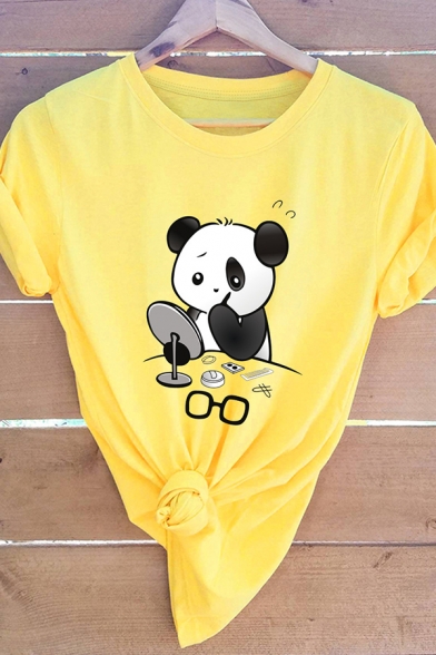 Funny Panda Pattern Rolled Short Sleeves Round Neck Cotton Summer T-Shirt