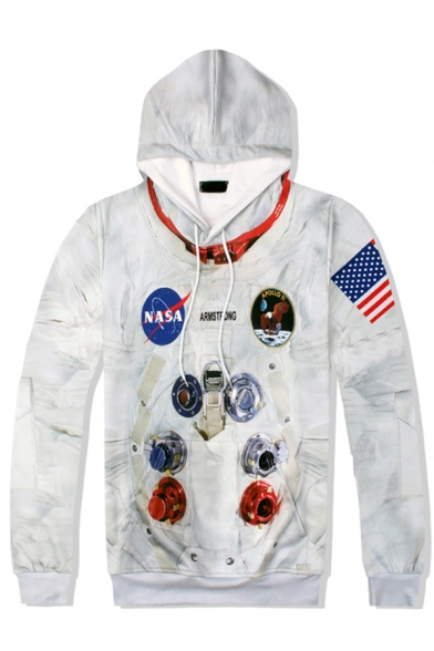 Popular American Flag NASA Logo Printed Long Sleeve Regular Fit White Pullover Hoodie