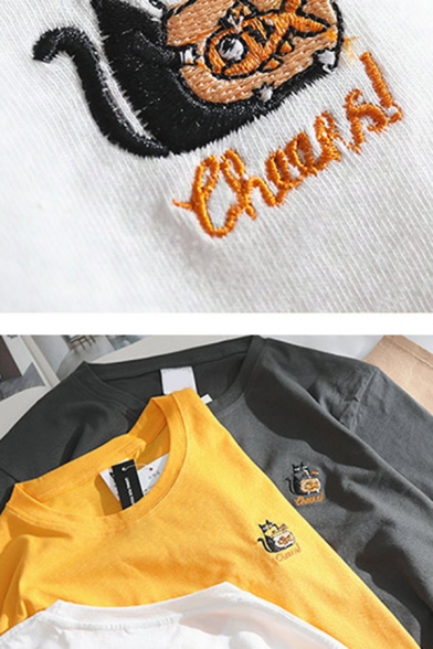 Simple Cat Embroidery Printed Short Sleeve Crew Neck Basic Cotton T-Shirt