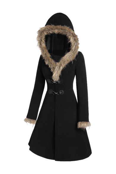 Winter Fashion Long Sleeve Alloy Leather Buckle Long Sleeves Fur Trim Longline Hooded Wool Coat