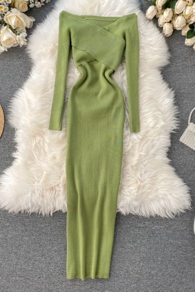 Elegant Ladies' Long Sleeve Off The Shoulder Cross Front Knit Maxi Plain Shift Dress