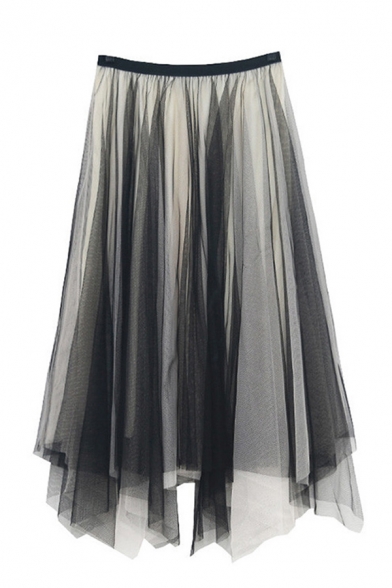 Fancy Ladies' High Rise Mesh Bi-Layered Asymmetric Hem Pleated Long A-Line Skirt