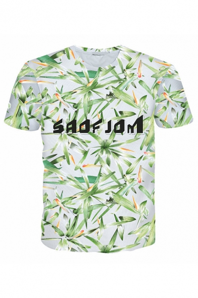 Green Plant Letter SAOFJOM Printed Short Sleeve Round Neck White Fitted T-Shirt